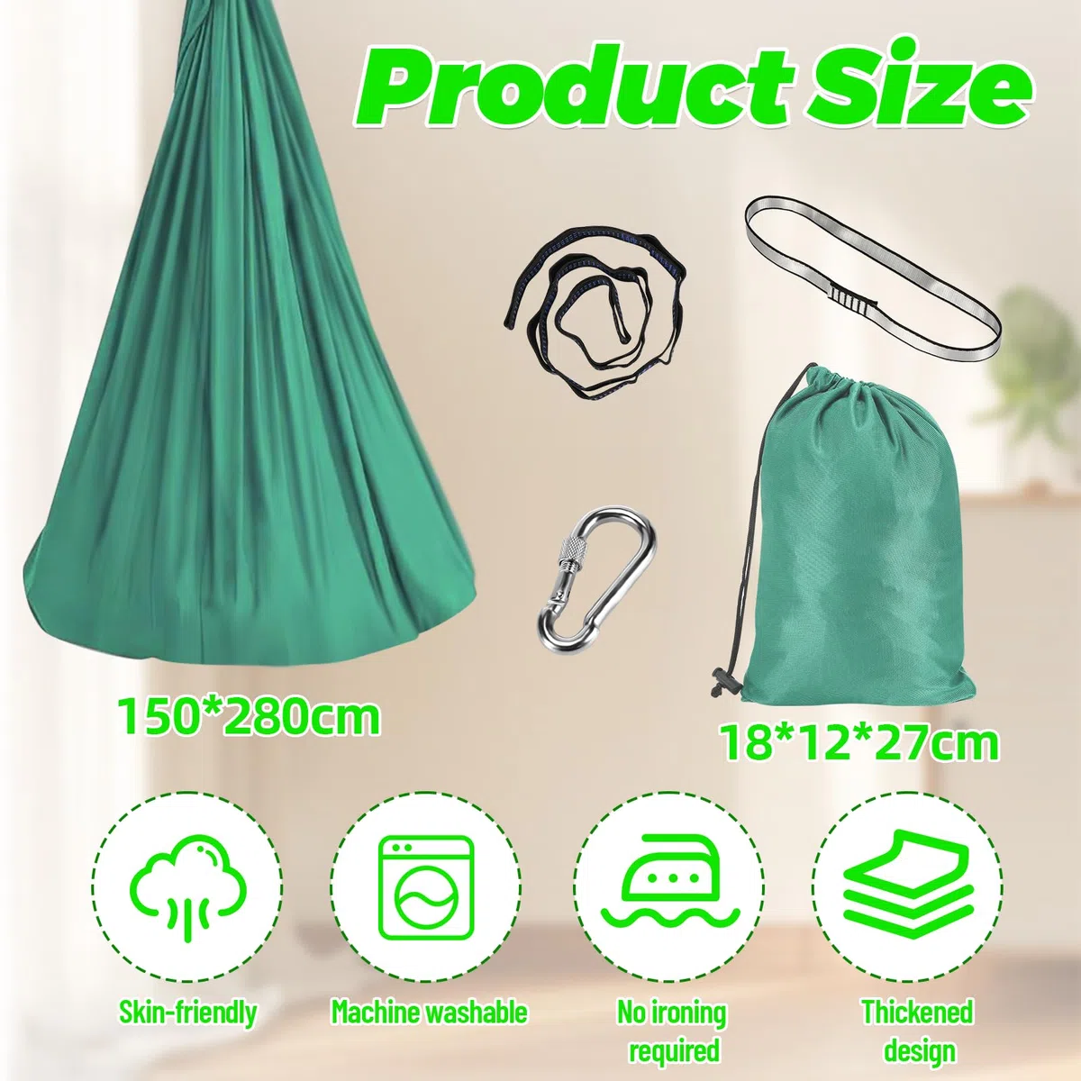 150 x 280 cm Hamaca con Accesorios de Instalación, Hamacas Colgantes Nailon Sin Costuras, Hamaca para Acampar, Viajar, Jardín, 200 kg, Capacidad de Carga (Verde)