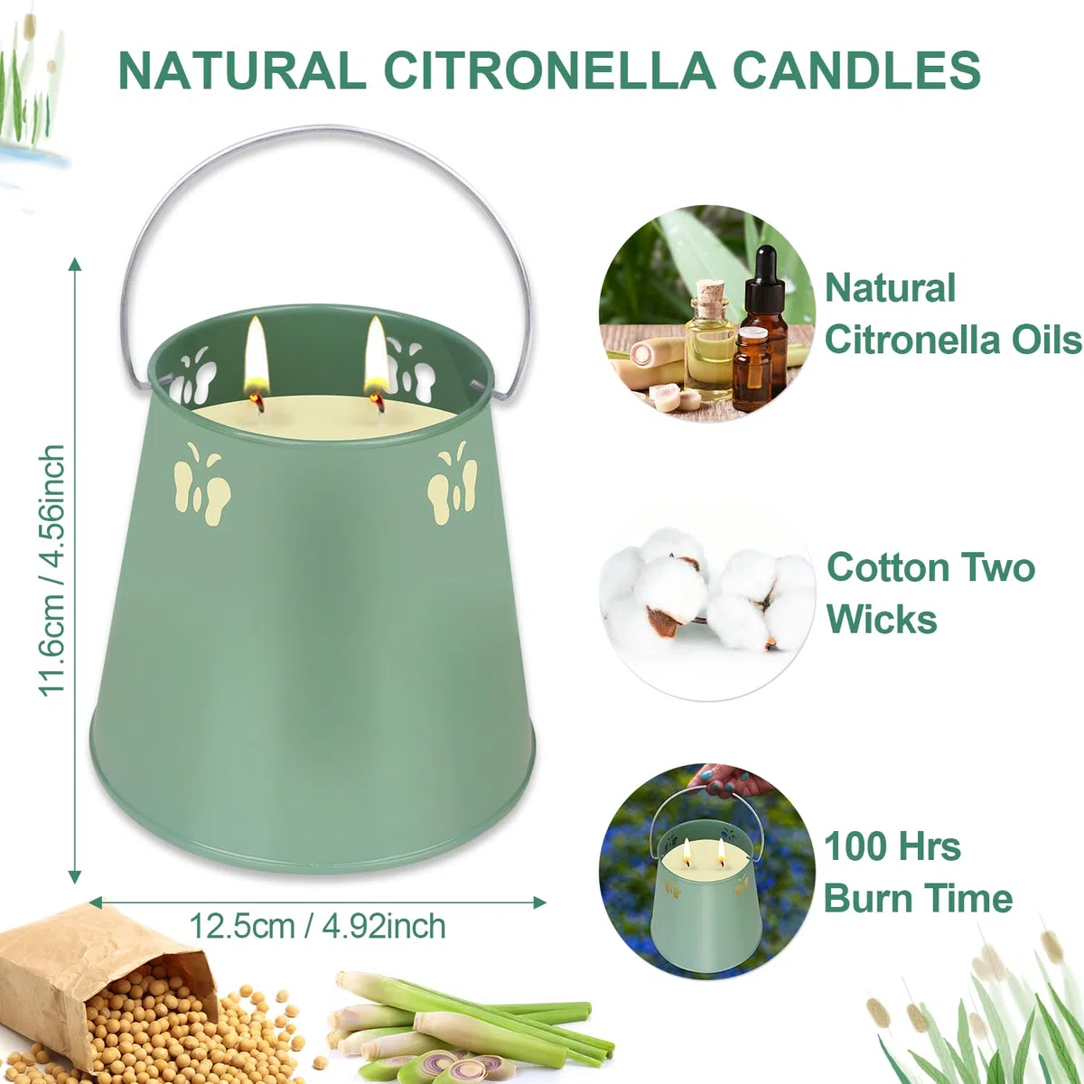 2 velas grandes de citronela, 2 mechas, 2 mechas, con asas, cera de soja, para jardín, camping, terraza, barbacoa o tarde de verano