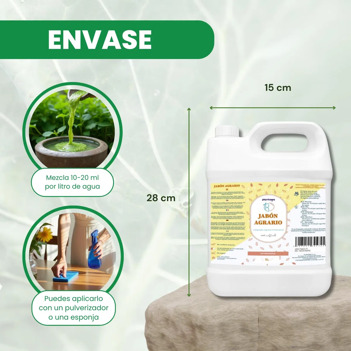 PLANTAWA Jabón Potásico 5L | Solución Multiusos | Formato Ahorro | Fácil Aplicación y Máxima Eficacia | Versátil | Producto de Origen Natural para Preparaciones Caseras