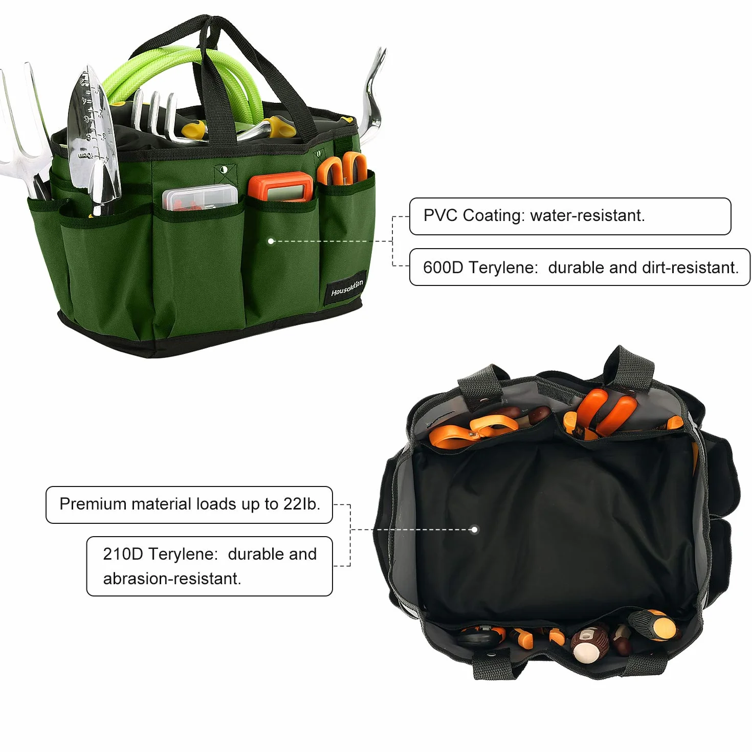 Housolution Bolsa de Jardín Herramienta, Hogar Bolsa de Mano Almacenamiento con Bolsillos para Organizar Juego de Herramientas de jardinería, Resistente al Desgaste y Reutilizable - Verde Osguro