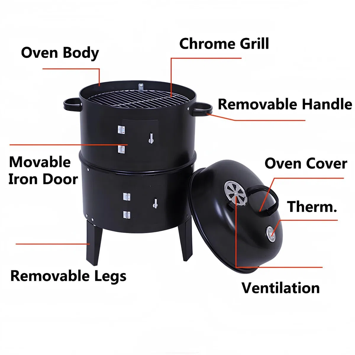 Ahumador Vertical De Carbón, Barbacoa De Carbón Redonda 3 En 1, Parrilla De Carbón Portátil De Acero con Dos Zonas De Cocción Y Termómetro para Camping Y Picnic