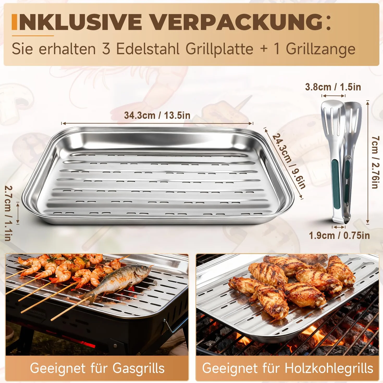 Bandejas para Barbacoa con Pinza 34,9x24,5x2,7 Juego de 3 Pcs Bandeja Barbacoa con Agujeros Reutilizable Bandejas Acero Inoxidable Plata Bandeja para Parrilla para Asar Verduras Carne y Pescado