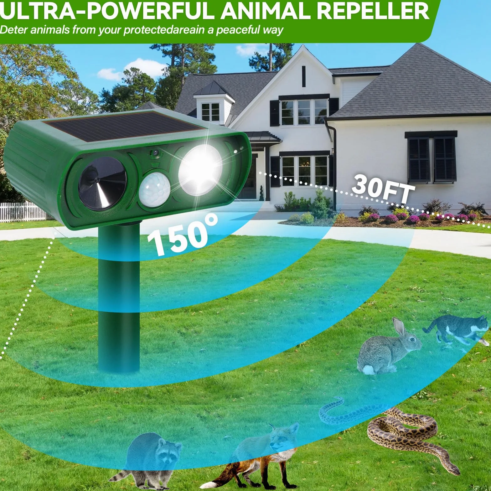 Repelente para Gatos Exterior, Ultrasónico Ahuyentador de Perros, Palomas, Pájaros, Perros, Ratones, Zorros, Disuasión Solar IPX4 Impermeable con LED Intermitentes