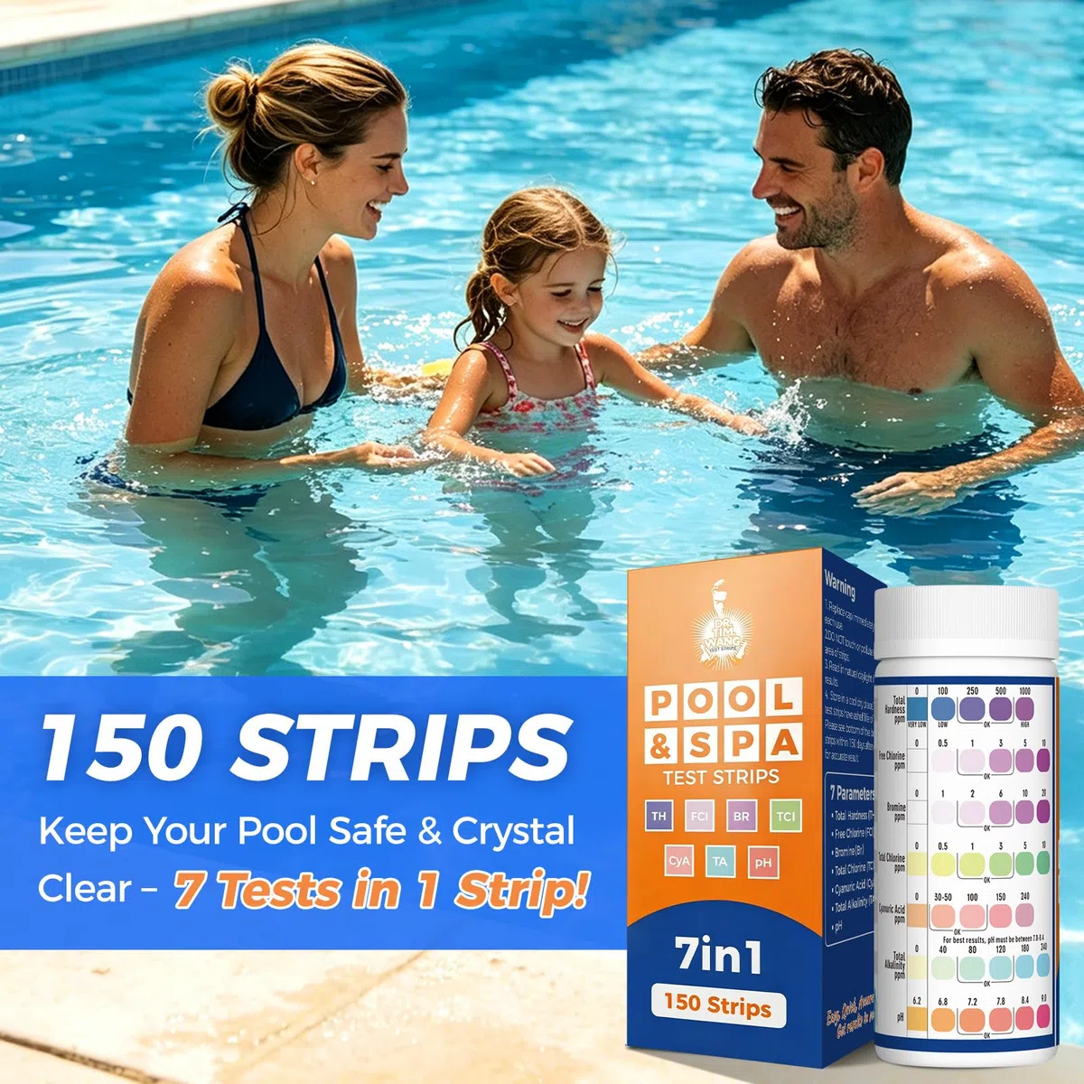 7 en 1 Tiras Reactivas para Baños de Hidromasaje, 150 pcs | Tiras de Prueba para Piscinas y Spa, mide el pH, Cloro Libre, Cloro Total, Bromo, Alcalinidad Total, Dureza Total y Ácido Cianúrico