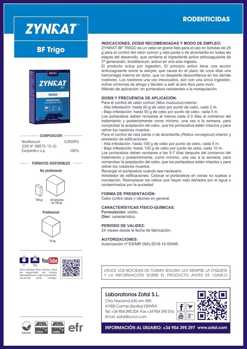 Zotal BF Trigo Veneno para Ratas Pack 3 Unidades – Cebo Anticoagulante con Brodifacoum para Eliminación Eficaz de Ratones y Ratas