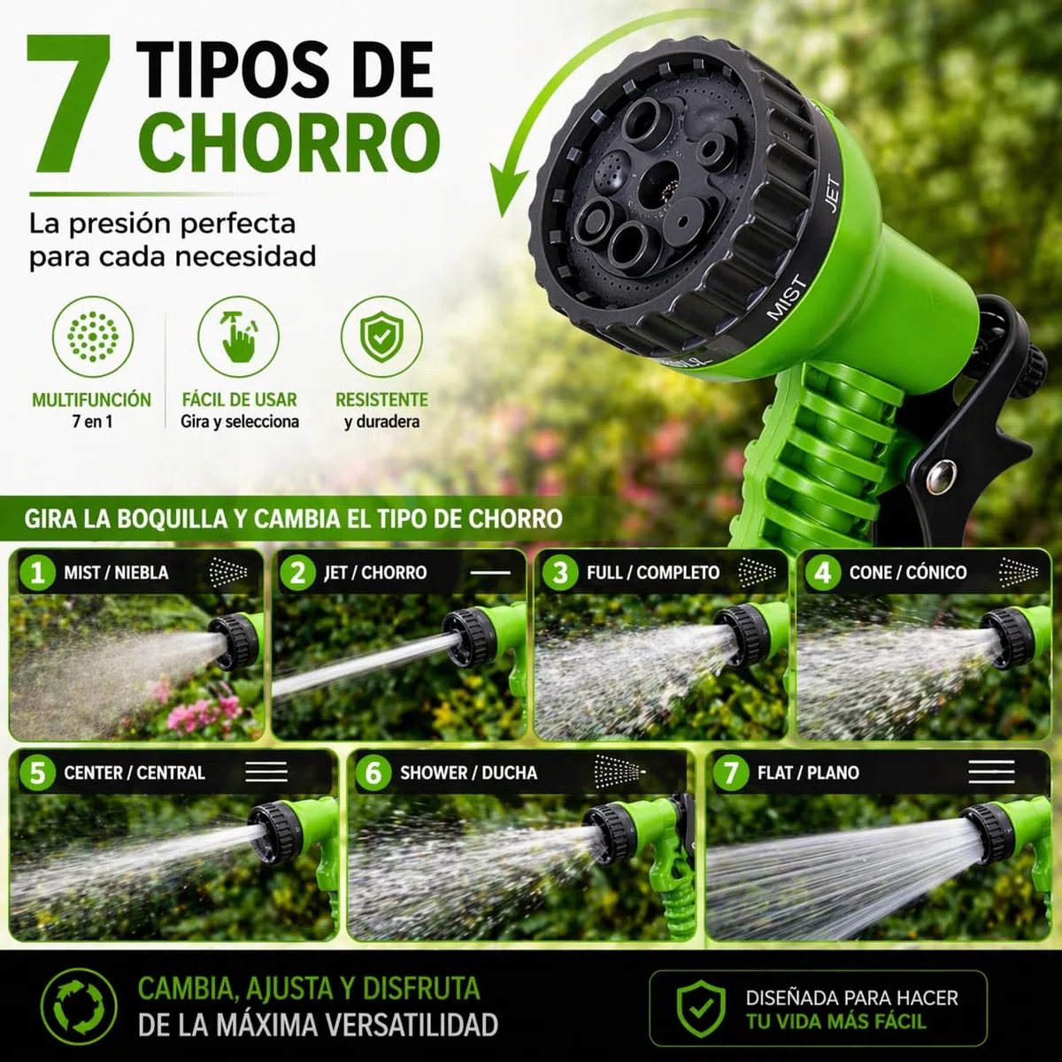 Manguera jardín espiral extensible hasta 7.5M con Pistola Rociadora 7 modalidades de riego. ideal balcones, terrazas y jardines. Manguera de agua.