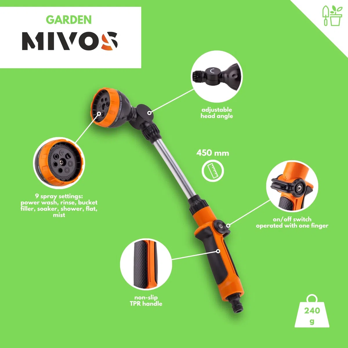 MIVOS Lanza de Riego para Jardín - 45 cm de Largo - Lanza de Jardín con Mango - Varita mágica de Riego con 7 Funciones para Macetas colgantes y Arbustos - Boquilla ajustable - Lanza pulverizadora