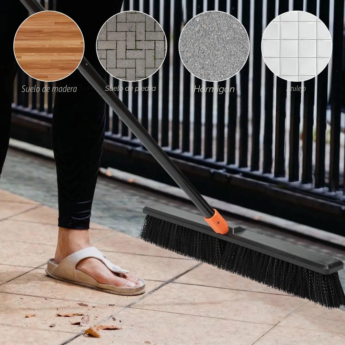 TreeLen Escoba de empuje de 24 pulgadas para exteriores, cepillo de limpieza de suelos resistente con mango largo, cerdas rígidas, para patio, garaje, cubierta, entrada, limpieza de suelos de concreto
