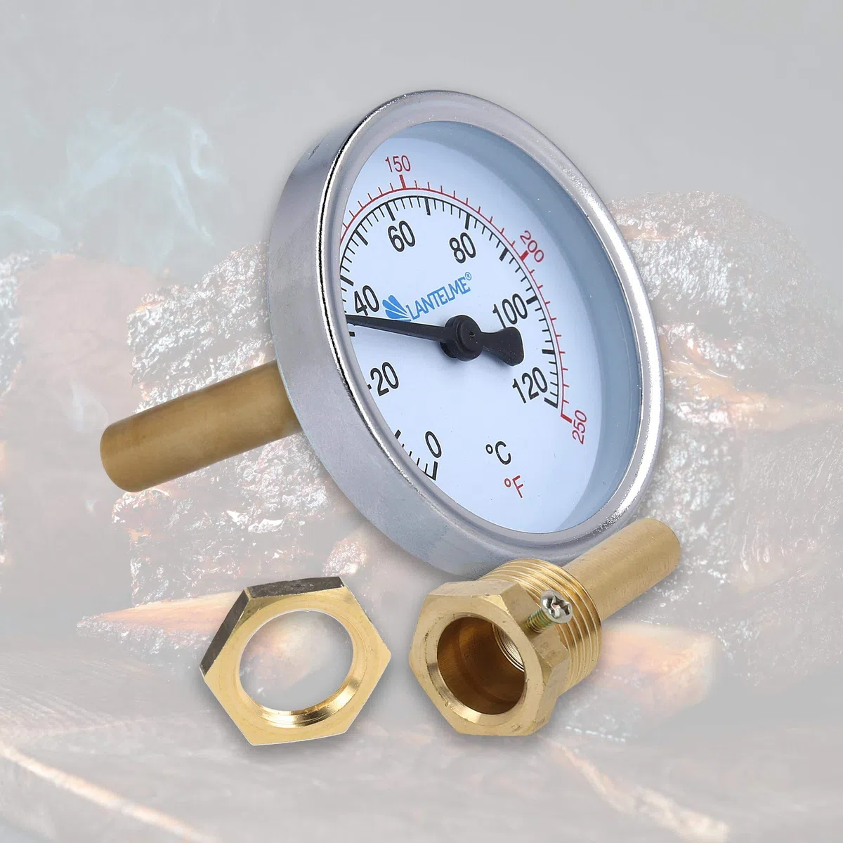 Lantelme Termómetro para ahumar, 120 °C, acero inoxidable con tuerca de fijación de latón, termómetro analógico para ahumar carne de pescado, para ahumador, quemador de ahumar, parrilla para ahumar