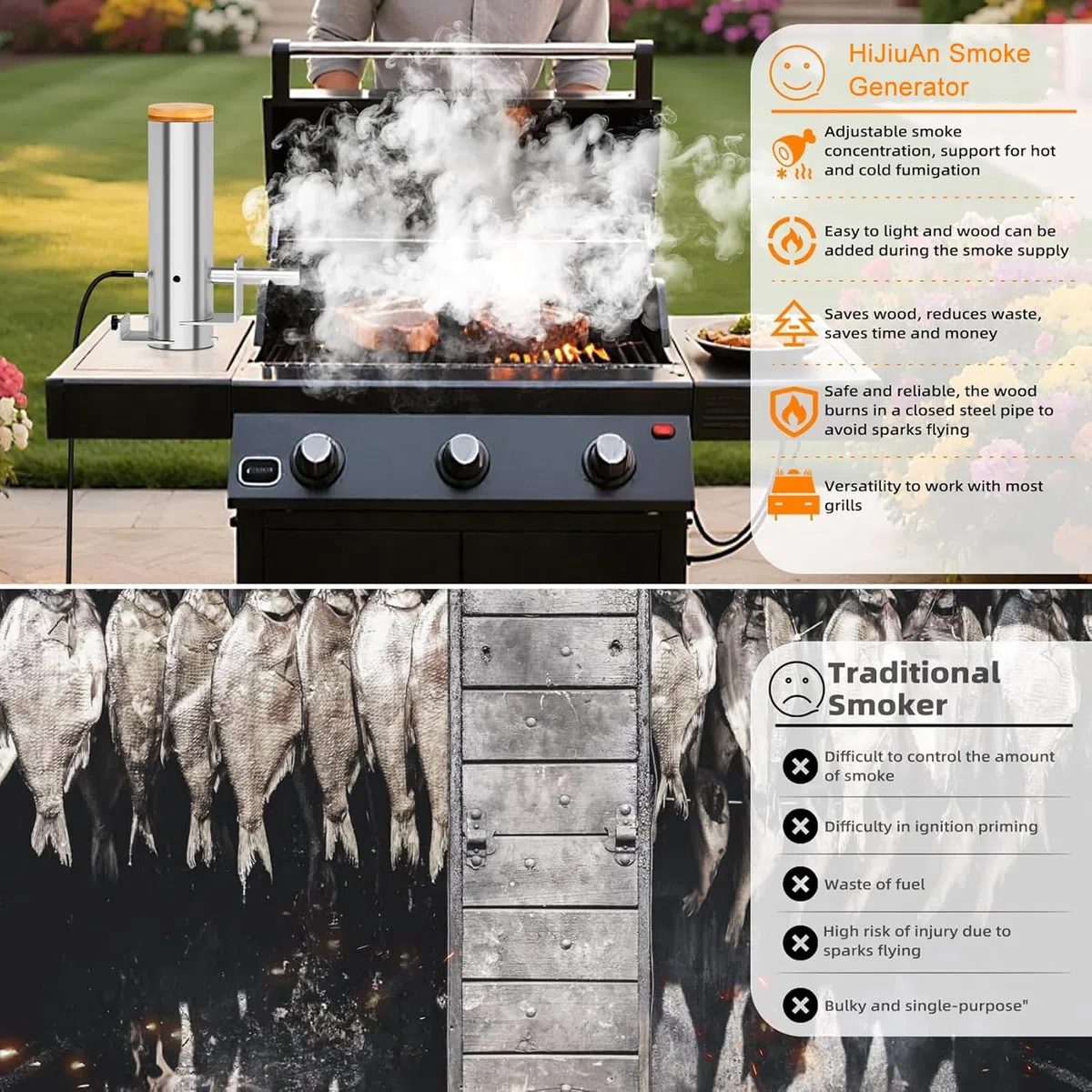 Ahumador de Pellets, Generador de Humo en Acero Inoxidable para Humo Caliente/Frío, Barbacoa Eléctrica Portátil, Volumen de Humo Ajustable, para Carnes Ahumadas