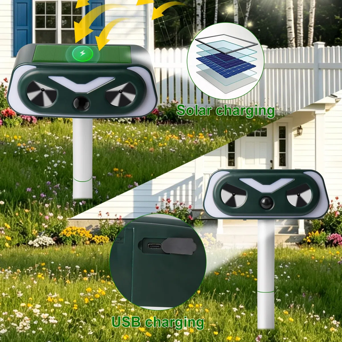 Repelente Gatos, Repelente Solar de Animales Ultrasónico con LED Intermitentes, Ahuyentador de Palomas, Pájaros, Perros, Ratones Interior y Exterior para Patio, Jardín, Granja