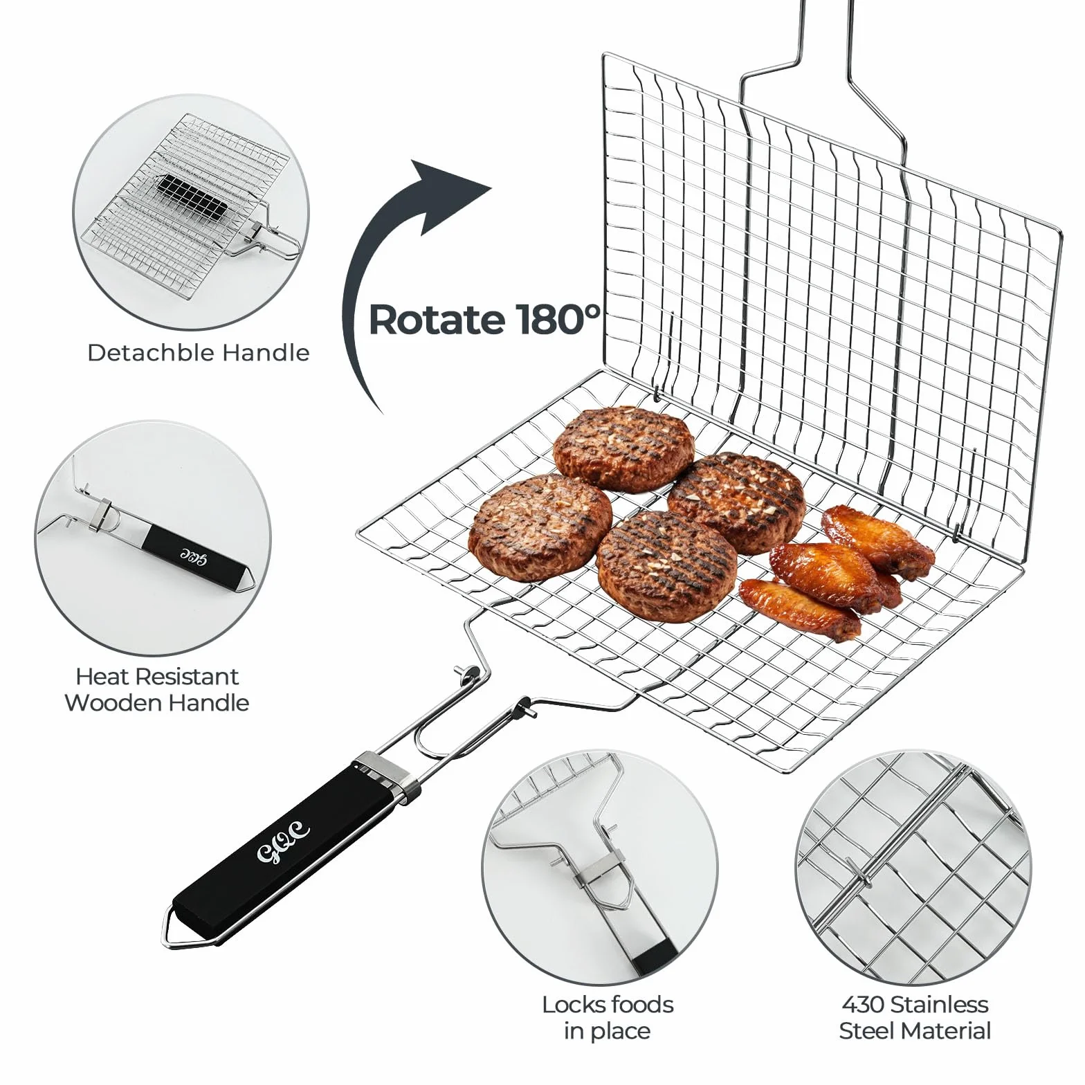 Cesta de Parrilla de Acero Inoxidable Portátil, Rejilla Plegable Con Mango Extraíble Para Pescado