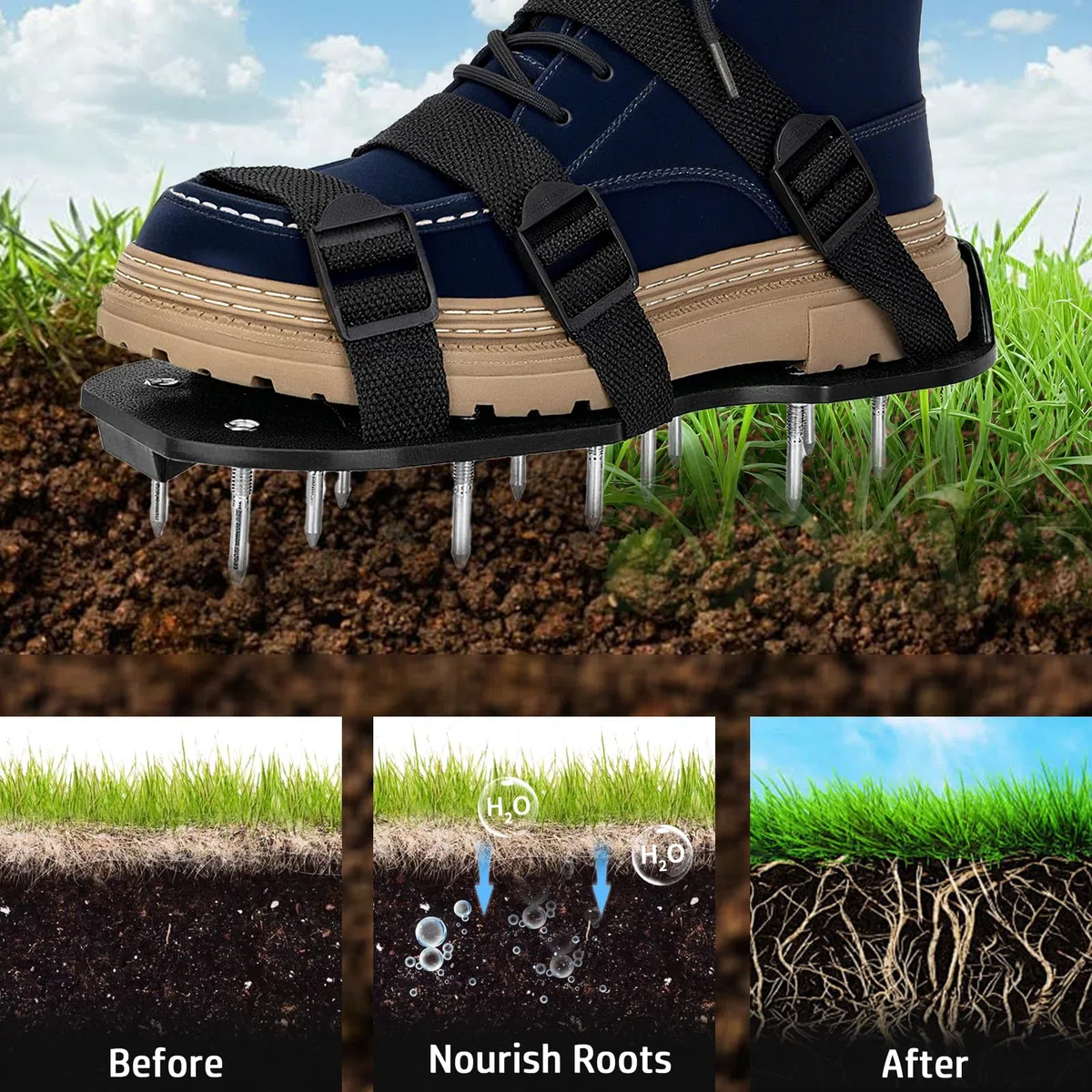 Zapatos aireadores de césped con correas dobles en el empeine, sandalias de aireación con pinchos resistentes, aireación eficaz, tamaño universal, premontadas para césped, patio, jardín