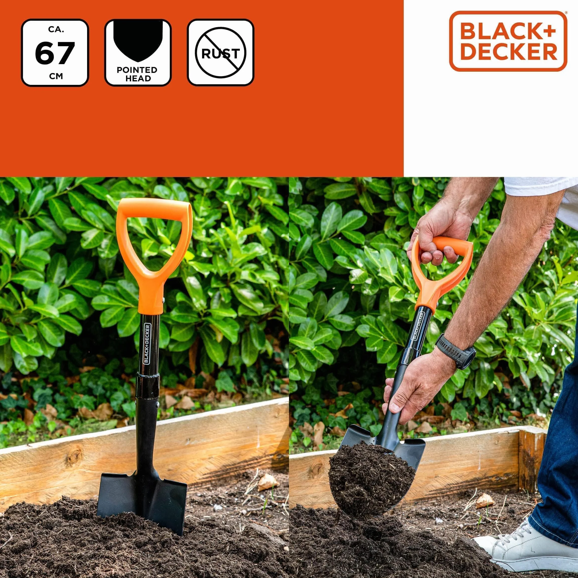 Black+Decker Pala - 67cm - 800gr - Inoxidable - Cabeza de Acero al Carbono y Mango de Fibra de Vidrio - Negro