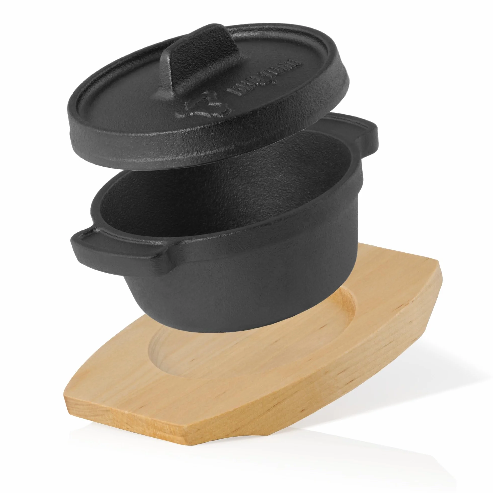 BBQ-Toro Mini Dutch Oven con Base de Madera | Ø 11 cm | Horno Holandés | Olla de Hierro Fundido para Servir | Quemado - pre-Seasoned | Olla con Tapa | Cazuela para Estofar