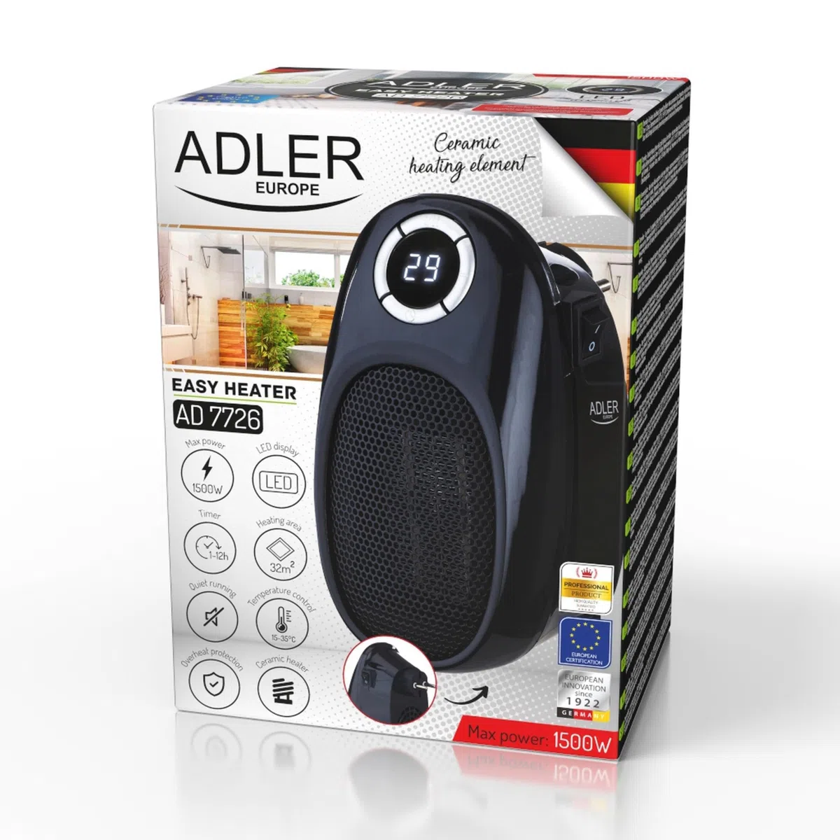 Adler AD7726 Mini Calefactor Portátil Cerámico sin Cable, Regulador de Temperatura 15-35ºC, Pantalla LED, Temporizador 12 h, Bajo Consumo, Camping, Oficina, Silencioso, 1500W
