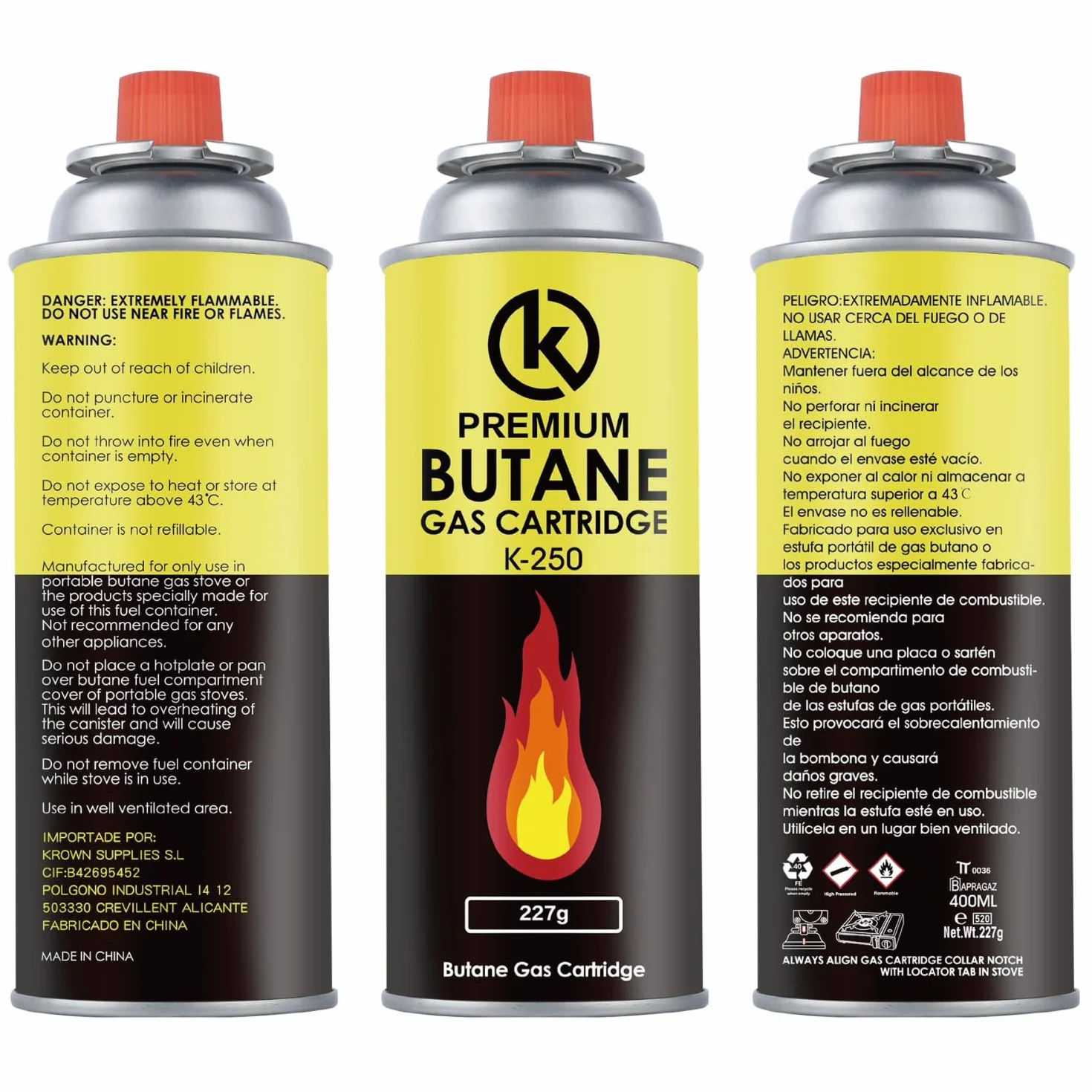 KROWN - Pack de 8 Cartuchos de Gas Butano Camping Gas 227g para Hornillos Quemadores, Cartucho de Gas para Camping CPZ-250, Bombonas Mezcla Isobutano (8 Cartuchos)