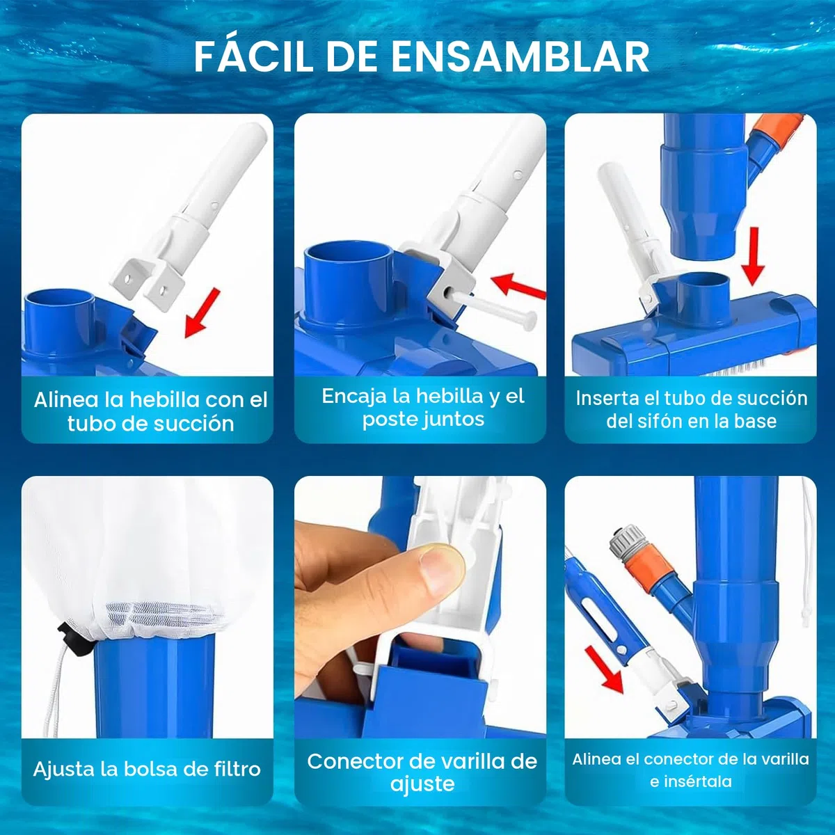 Aspiradoras de Mano, Aspirador de Piscina para Piscinas con 4 Postes de Aluminio Extraíbles, Kit de Mantenimiento de Piscinas con Aspirador para Piscinas, Fuente, Hidromasaje, Estanques