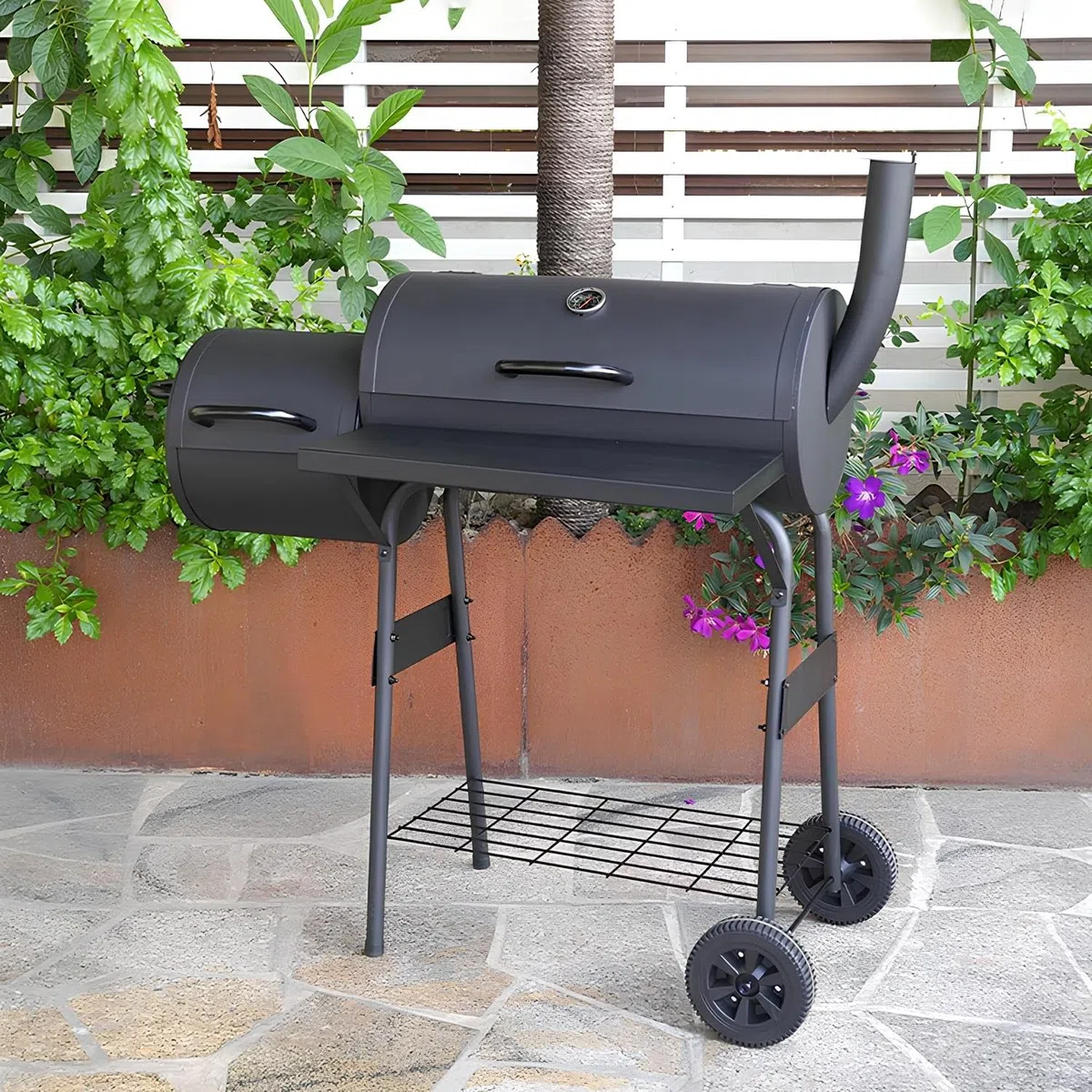 Ahumador exterior y parrilla con tapa, ruedas, termómetro, para pícnic, jardín