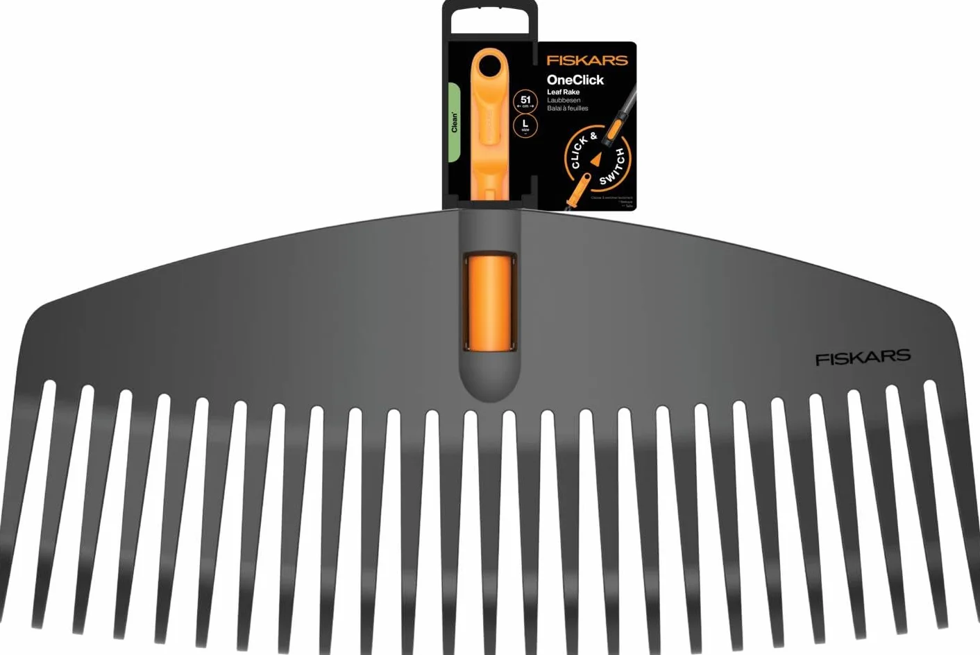 Fiskars OneClick Rastrillo de Hojas L, Accesorio Escoba en Abanico para Jardines Grandes, Cambio sin Esfuerzo en un Clic, Ancho: 51cm, Negro/Naranja, 1080673