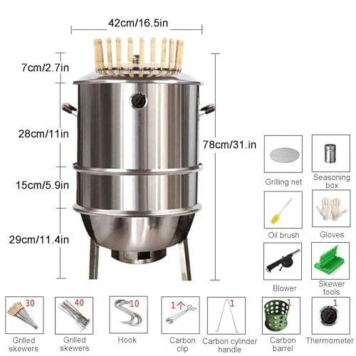 Barbacoa vertical de carbón ahumador con termómetro, barril desmontable sin humo para separación de aceite y carbón