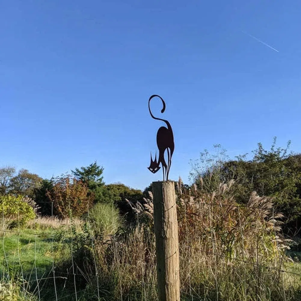 Decoración de valla de metal para gatos, arte de hierro oxidado, silueta de patio al aire libre para decoración de jardín, decoración de césped, arte de jardín de gatos de metal para amantes