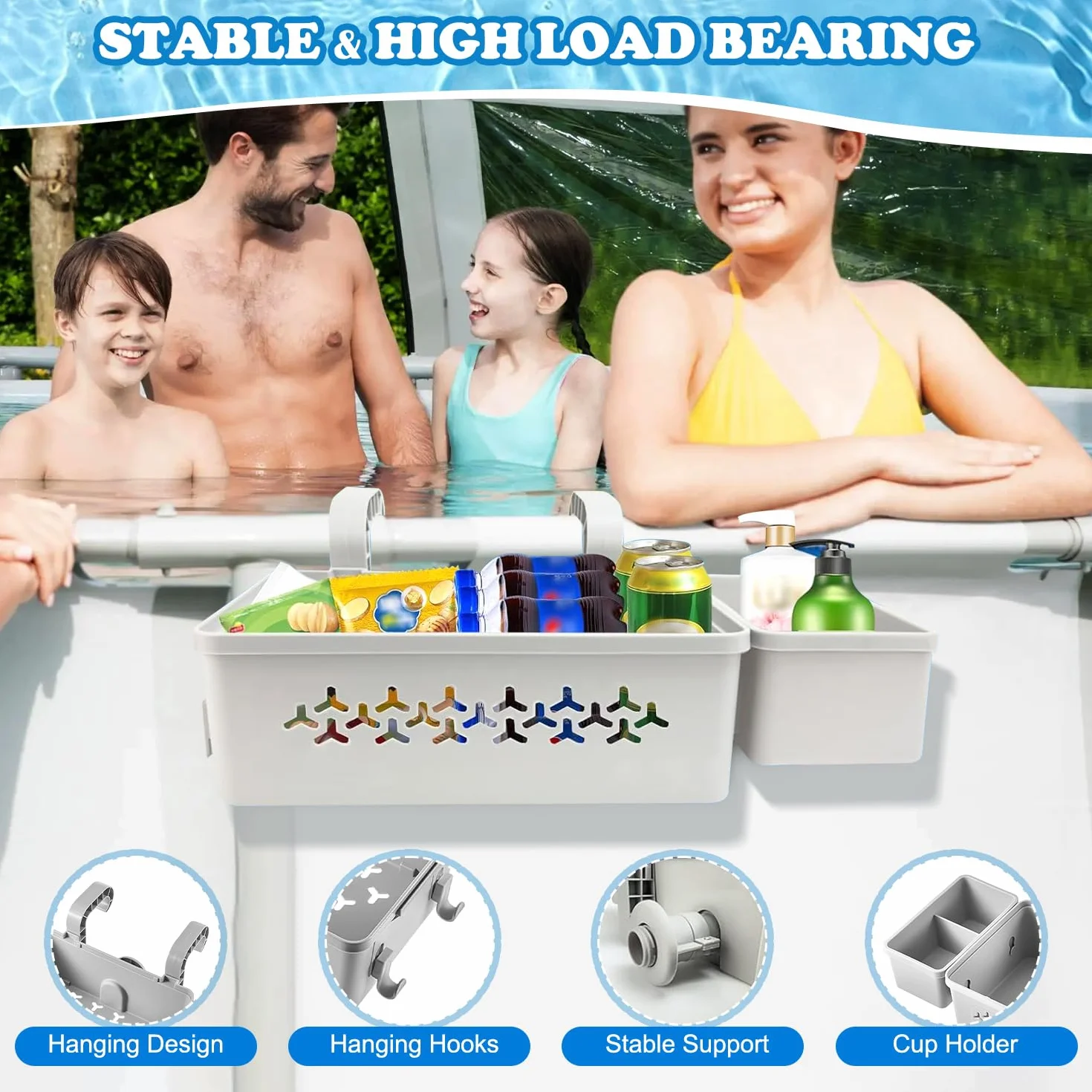 Papelera Almacenamiento para Piscina con Portavasos, Poolside Cesta de Almacenamiento Junto a la Piscina, Accesorio para Piscina Sobre el Suelo, Gris