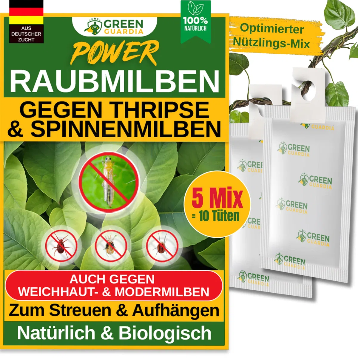 GREEN GUARDIA Power mezcla de ácaros depredadores contra trips y ácaros, 5 mezcla con 10 bolsas, agente biológico para un control eficaz de trips, respetuoso con el medio ambiente, medios libres de