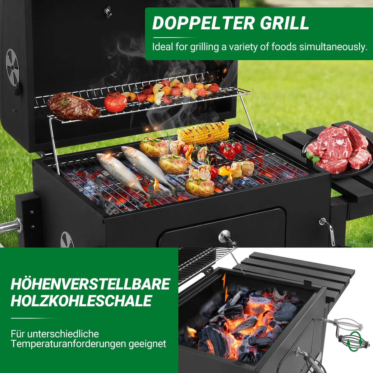 LEADZM Barbacoa de carbón con diseño de doble cámara, carrito de barbacoa portátil de primera calidad, ahumador de metal para jardín y terraza, con mesa auxiliar, parrilla grande y regulador de