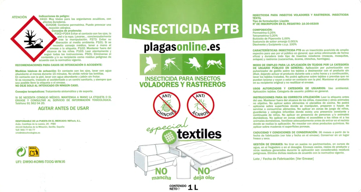 PERMETRINA Spray Insecticida Anti Chinches y Antiácaros para textiles 1L | Repele y Mata Cucarachas, Hormigas e insectos voladores | No mancha y No deja olor | Interiores y Exteriores