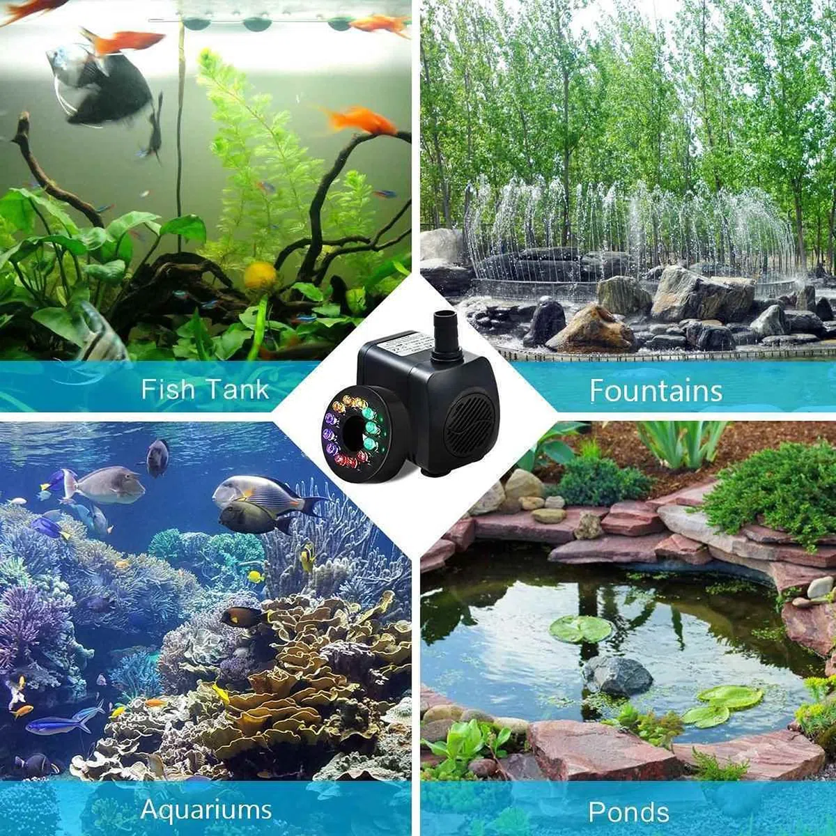 Bomba de estanque Bomba de agua de fuente eléctrica con 12LED Luz Estanque Jardín Piscina Bomba sumergible 15W(EU PLUG)