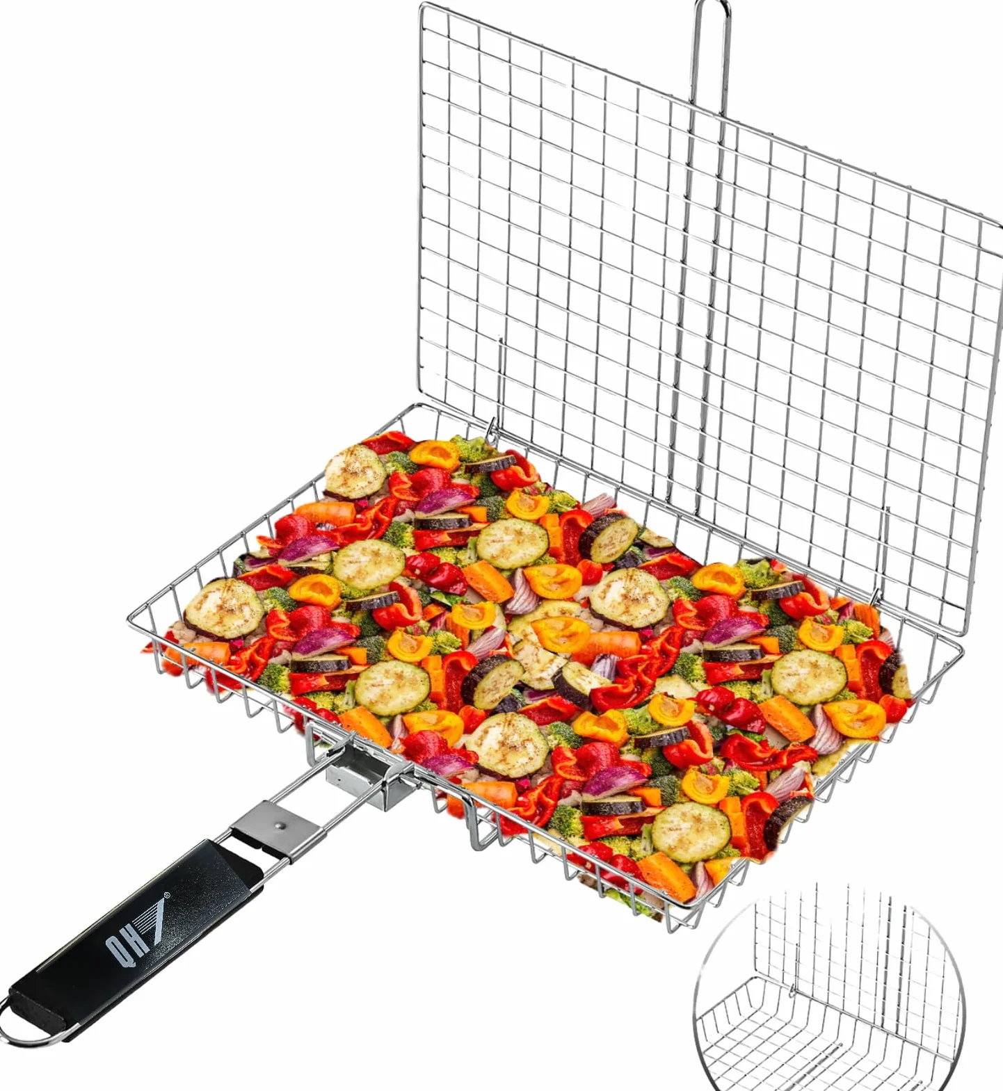 Cesta de Cocción de Acero Inoxidable para Barbacoa, Parrilla Plegable Portátil con Asa Extraíble, Malla Antiadherente para Pescado, Verduras, Gambas