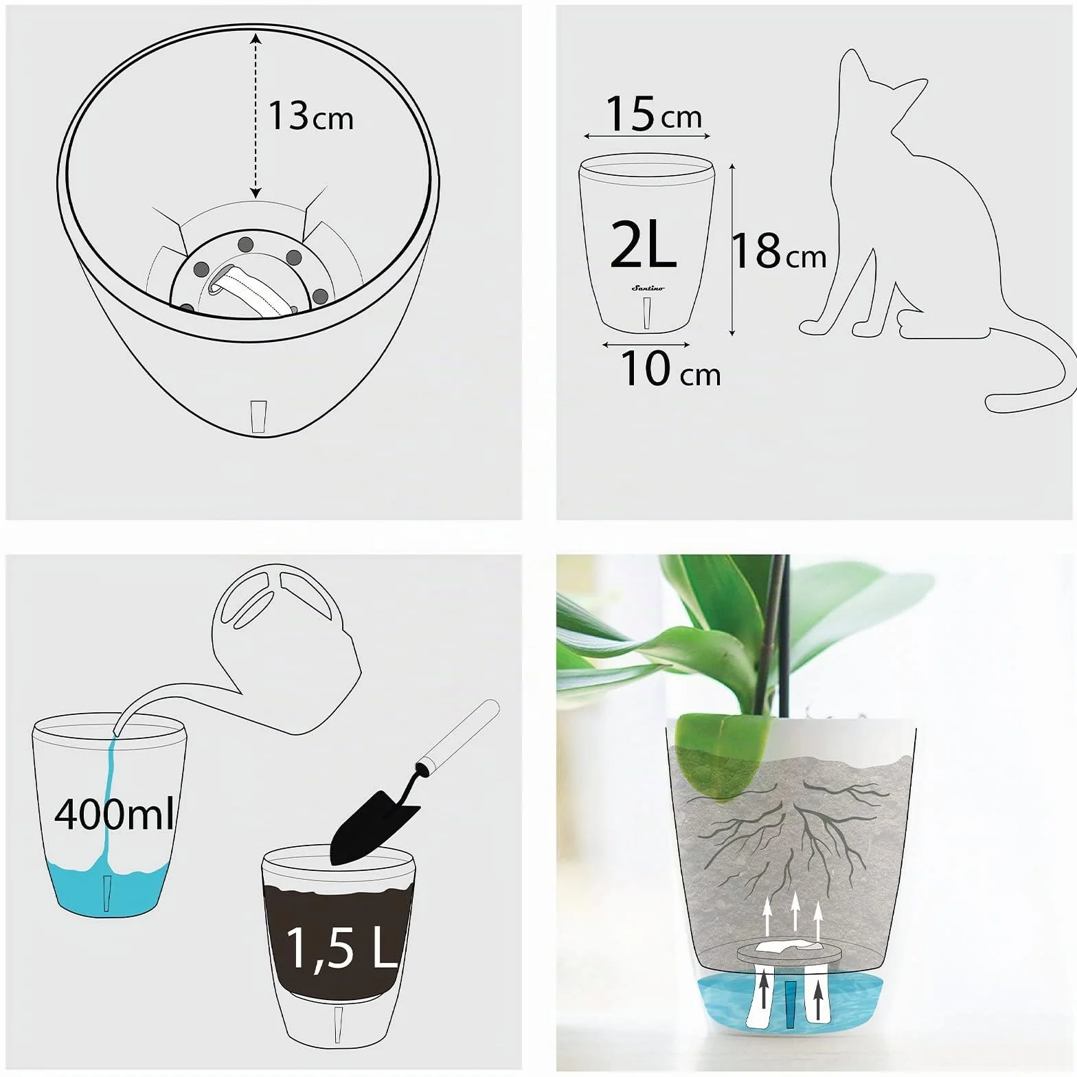 Santino Maceta para Orquídeas Ø 15cm Maceta Autorriego con Sistema de Mecha e Indicador de Nivel de Agua para Interior (Ø 15cm - 2L - Transparente)