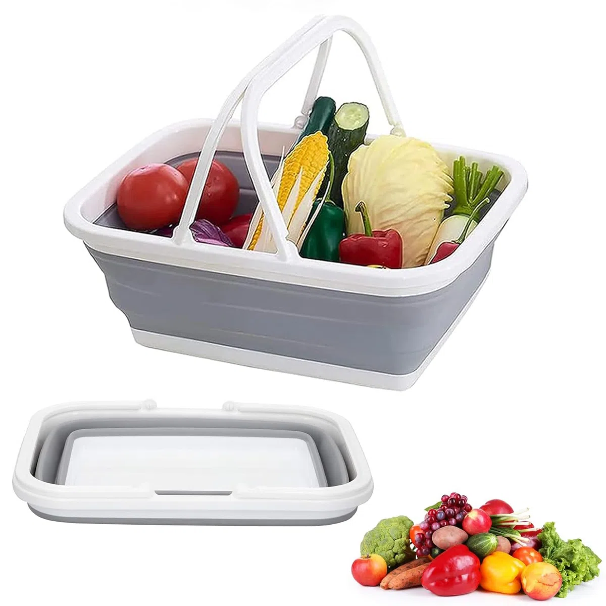 Cesta Plegable para Camping y Picnic, Cesta Picnic Plegable con Asa, Cesta de Pícnic Portátil, Cesta Plegable de Picnic para Acampar Aire Libre, Accesorios Camping, Gris Y Blanco, Plástico