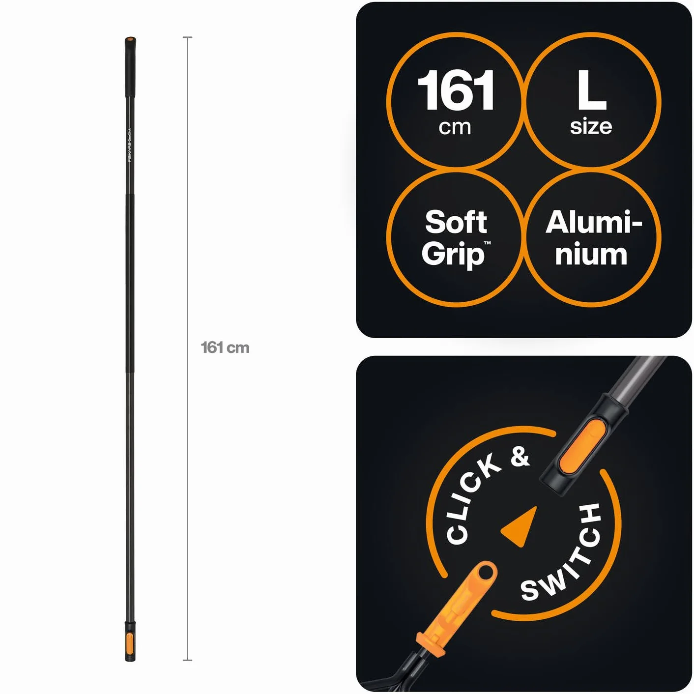 Fiskars OneClick Mango L, Mango universal para herramientas de jardín, Cambio sin esfuerzo con un solo clic, Adaptador QuikFit disponible por separado, 161 cm, Aluminio ligero, Negro/Naranja, 1080547