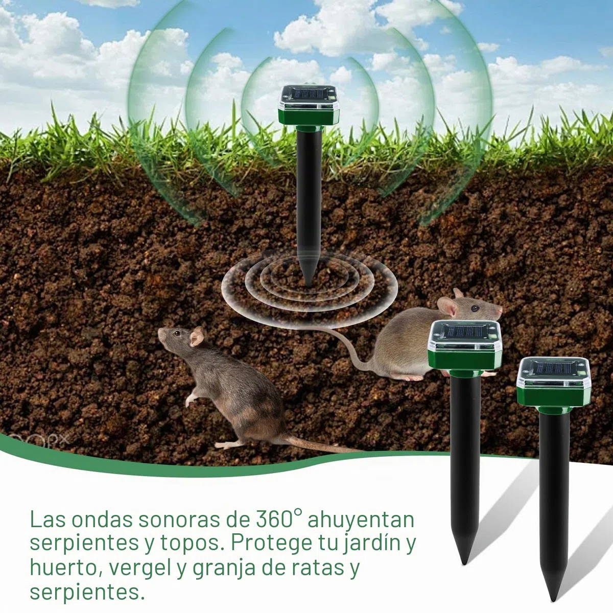 Aicharynic 4 Piezas Ahuyentador de Topos Solar, IP65 Repelente de Animales Solar Repelente de Topo Solar Repelente Ultrasónico de Ratones Ahuyentador Ratas para Jardin, Anti Topos, Serpientes, plagas