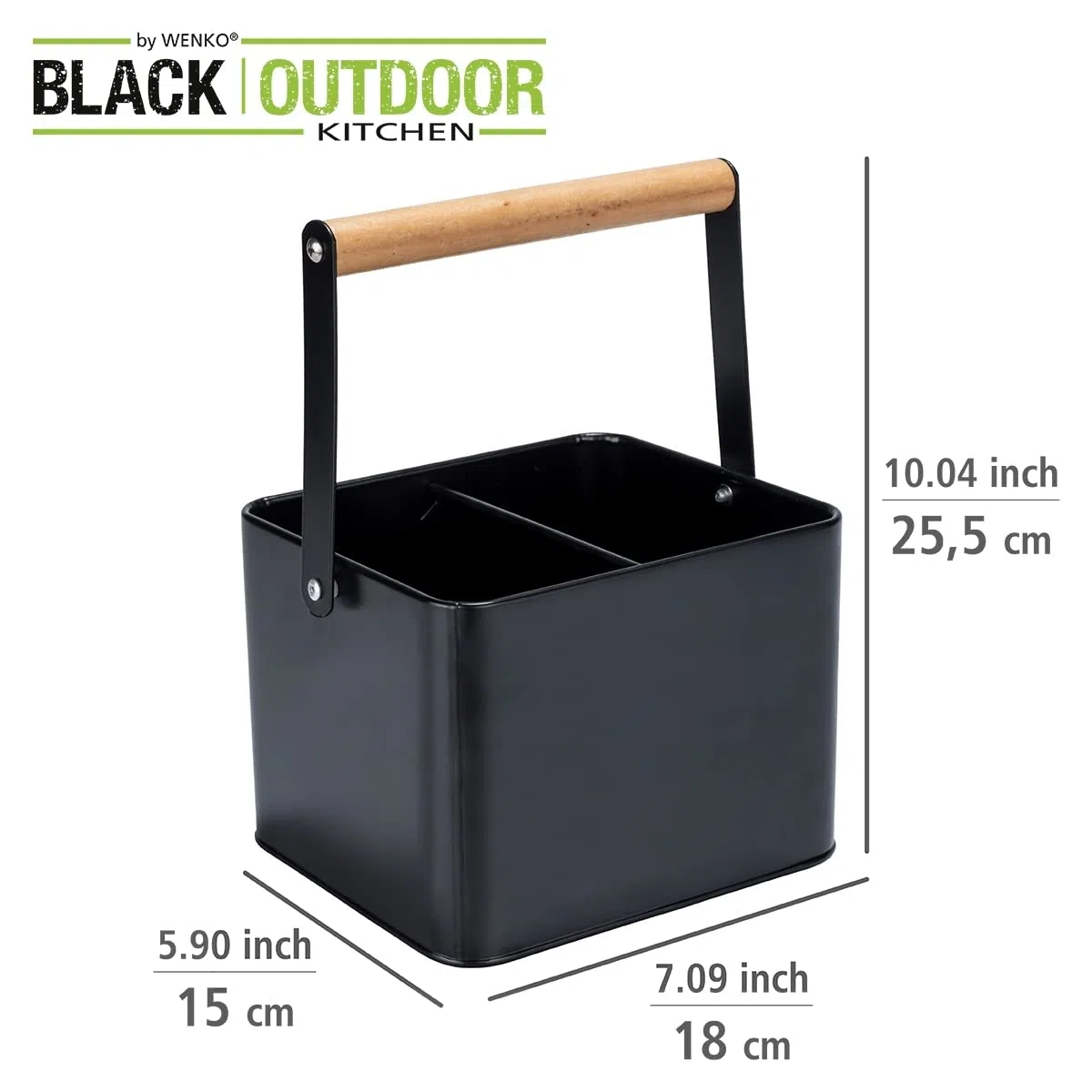 WENKO Cesta de utensilios Baco, accesorio Black Outdoor Kitchen, cesta de transporte robusta fabricada de metal negro recubierto de polvo y asa de madera flexible, ideal para salsas, 18 x 25,5 x 15 cm