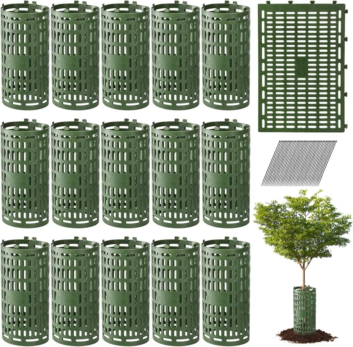 Lawei Paquete de 16 protectores de tronco de árbol con lazos de cremallera, protección de jardín, jaulas para corteza dañada, protectores extensibles de arbustos contra cortezas, cortacéspedes y