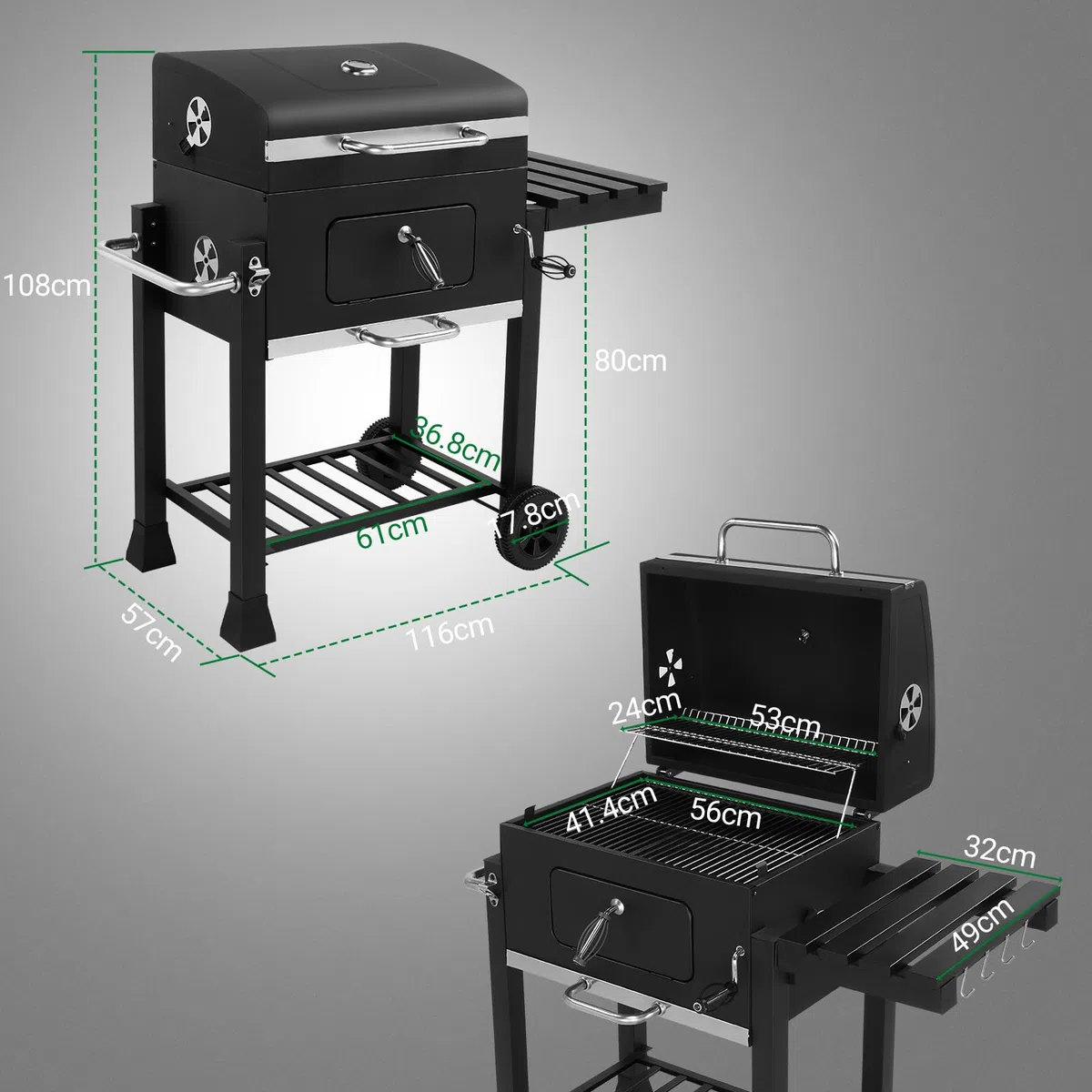 LEADZM Barbacoa de carbón con diseño de doble cámara, carrito de barbacoa portátil de primera calidad, ahumador de metal para jardín y terraza, con mesa auxiliar, parrilla grande y regulador de