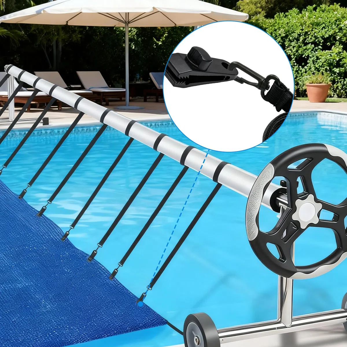 Juego de 8 Cintas de fijación y Grapas, Cintas de fijación para Lonas de Piscinas, recambios y Accesorios para Sistemas de Enrollado móviles, Lonas solares, Lonas de Piscina, Cubiertas