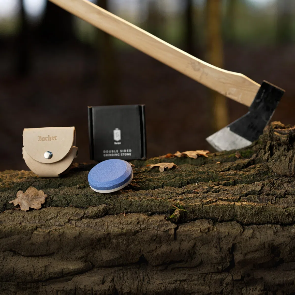 BACHER Premium Piedra Afilar Hacha Redonda, Afilador para Hachas y Cuchillos con Funda de Piel, Piedra de Afilar de Doble Cara (Grano 120/600)