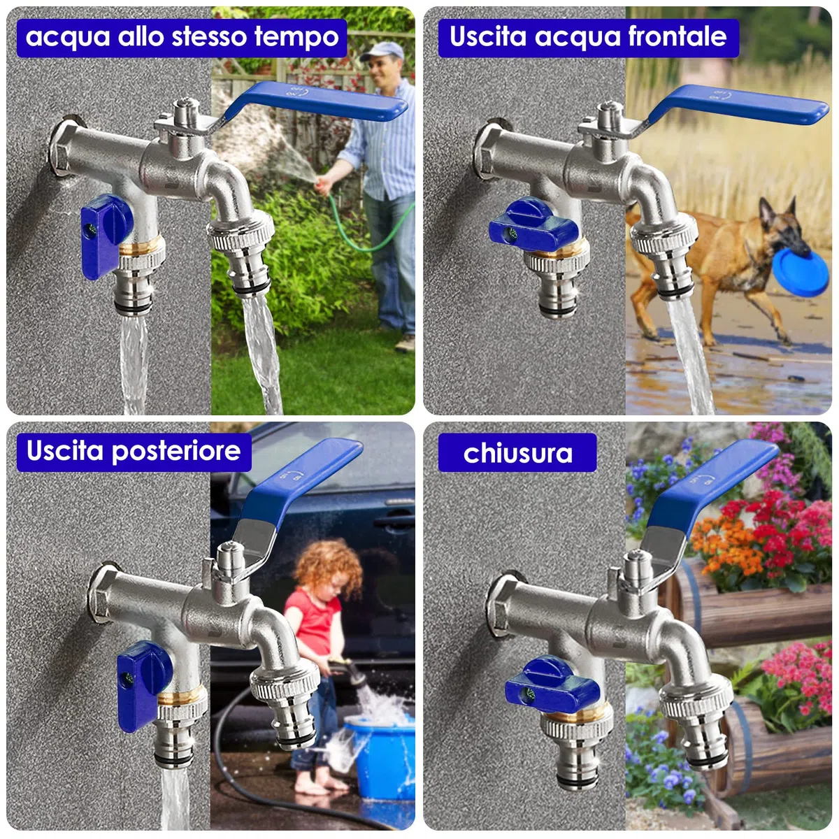 SPGOOD Grifo deJardín, Grifo de Doble Salida de 3/4 de Pulgada, de Latón, Resistente a la Oxidación y a Las Heladas, Con 2 Salidas de 3/4 de Pulgada, 1 Cinta de Sellado de Rodillos (Azul)