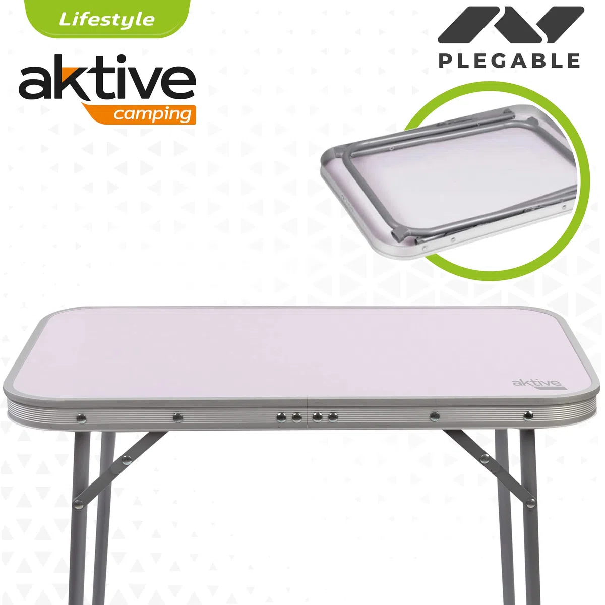 AKTIVE Mesa camping plegable, Mesa ligera, patas plegables, medidas 60x40x50 cm, madera MDF, estructura de acero, color malva, asa de transporte (52870)