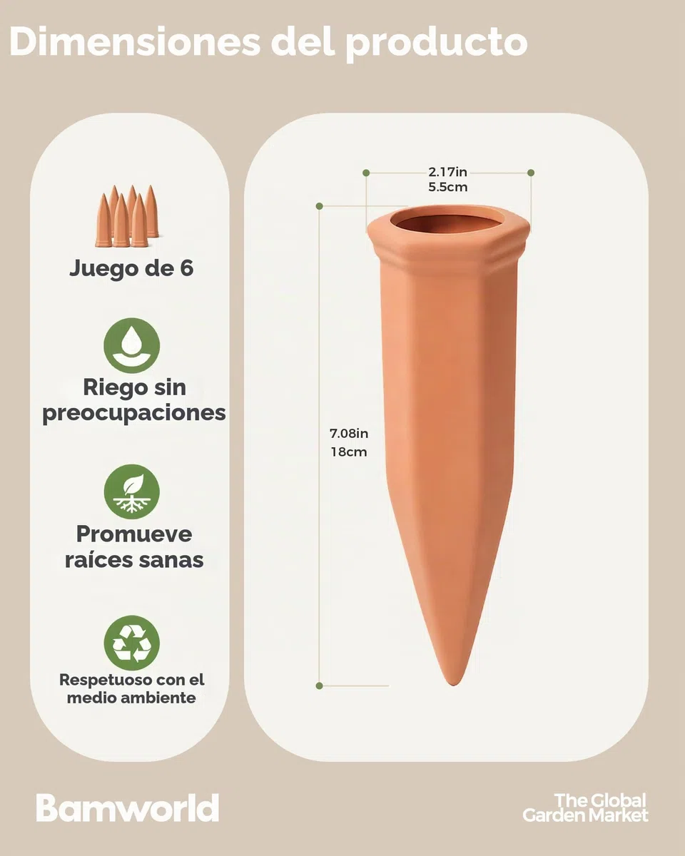 Bamworld Riego Automatico Macetas con Conos de Terracota 6 Unidades Autorriego para Macetas Sistema de Riego Plantas Vacaciones Interior Exterior Balcon Jardin Terraza