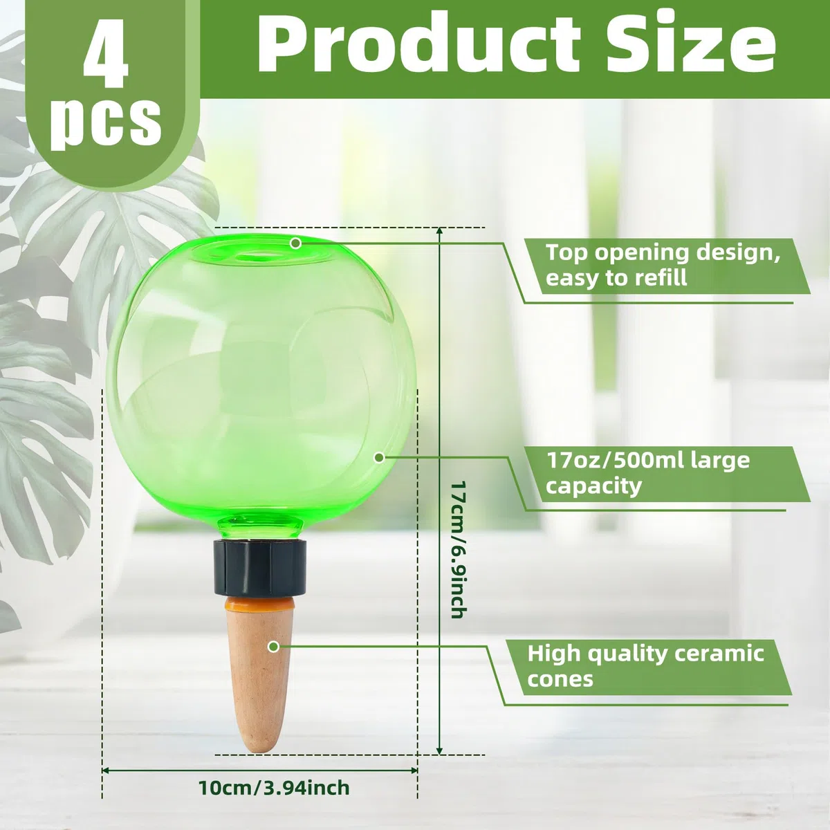 Guidre 4 bolas de riego, 500 ml, bolas de riego automáticas para plantas, cebollas transparentes, bolas de agua para plantas, riego de habitaciones, balcón y plantas de jardín (verde)