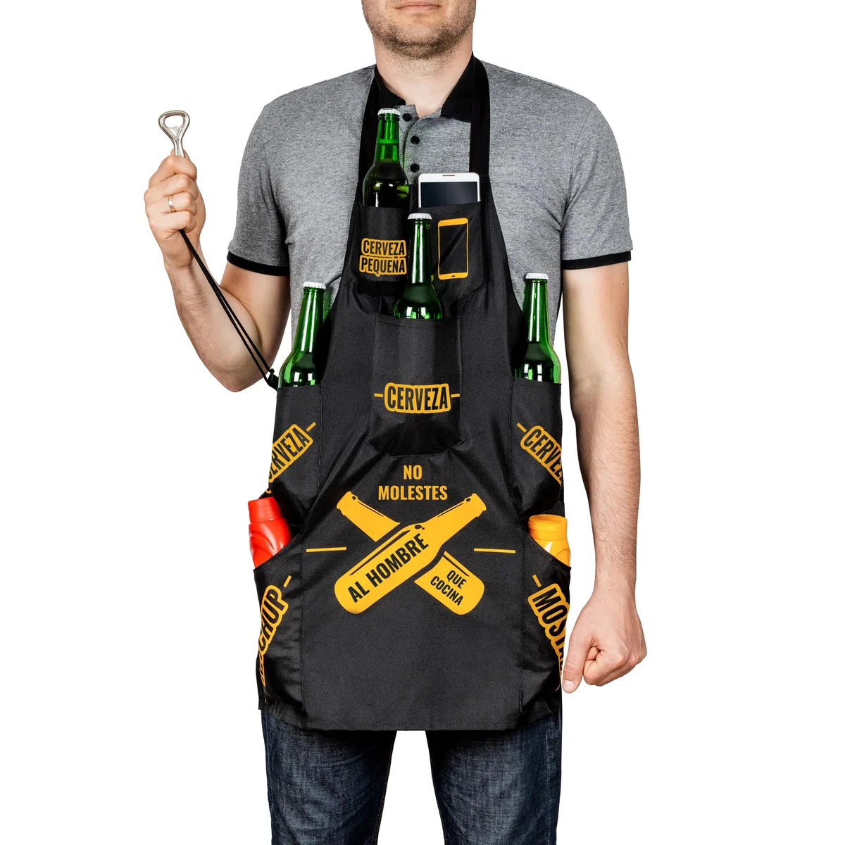 Froster Delantal Barbacoa Hombre, Delantal Cocina Hombre Divertido, Impermeable, 7 Bolsillos para Cerveza, Regalo Padre, Hermano, Marido, Amigo
