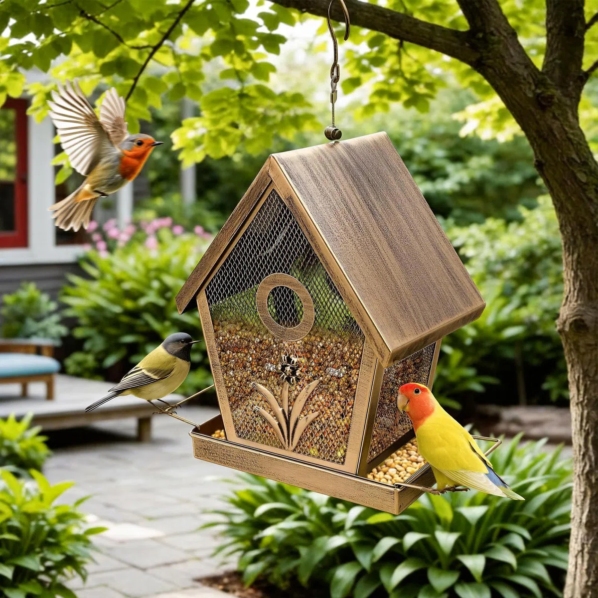 Comedero metálico para Pájaros Casita Colgante para Pájaros Silvestres Comedero Resistente a La Intemperie Pequeño con Capacidad de 1,1 Kg, Ideal para Jardines, Patios y Patios Traseros