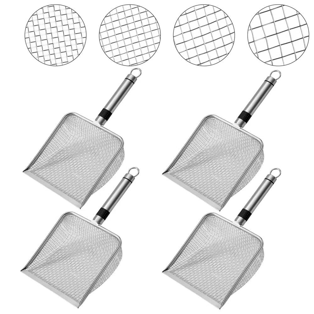 4 coladores de jardín de acero inoxidable, 2/2,8/3,8/5 mm, colador de tierra de jardín, colador de compostaje con mango, colador de compostaje de acero inoxidable, pala portátil para jardinería y