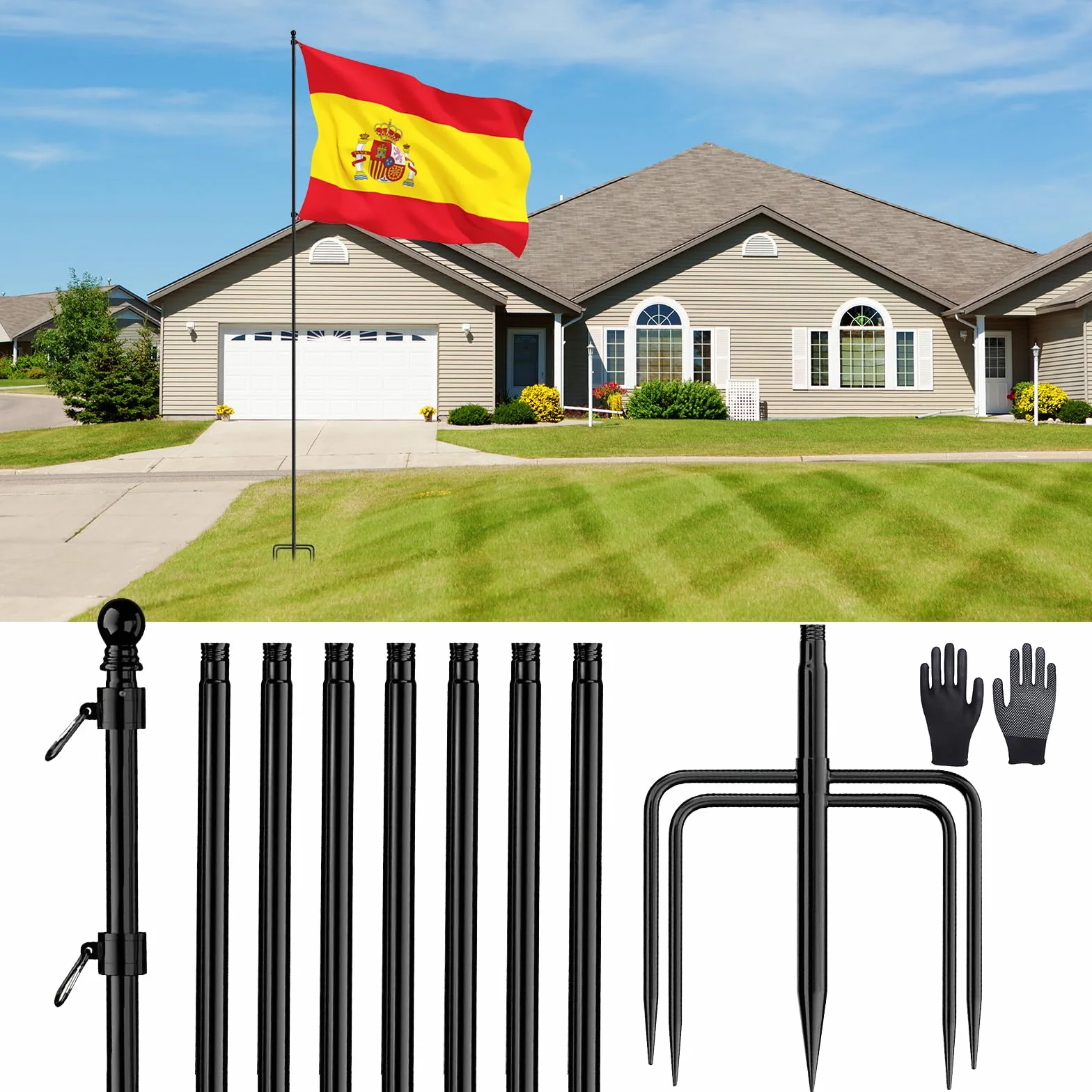 JAOGAUS Mastil Bandera, Mástiles de Bandera de Scero Inoxidable de Alta Resistencia para Suelo | con Estaca de 5 Puntas, para Jardín al Aire Libre.