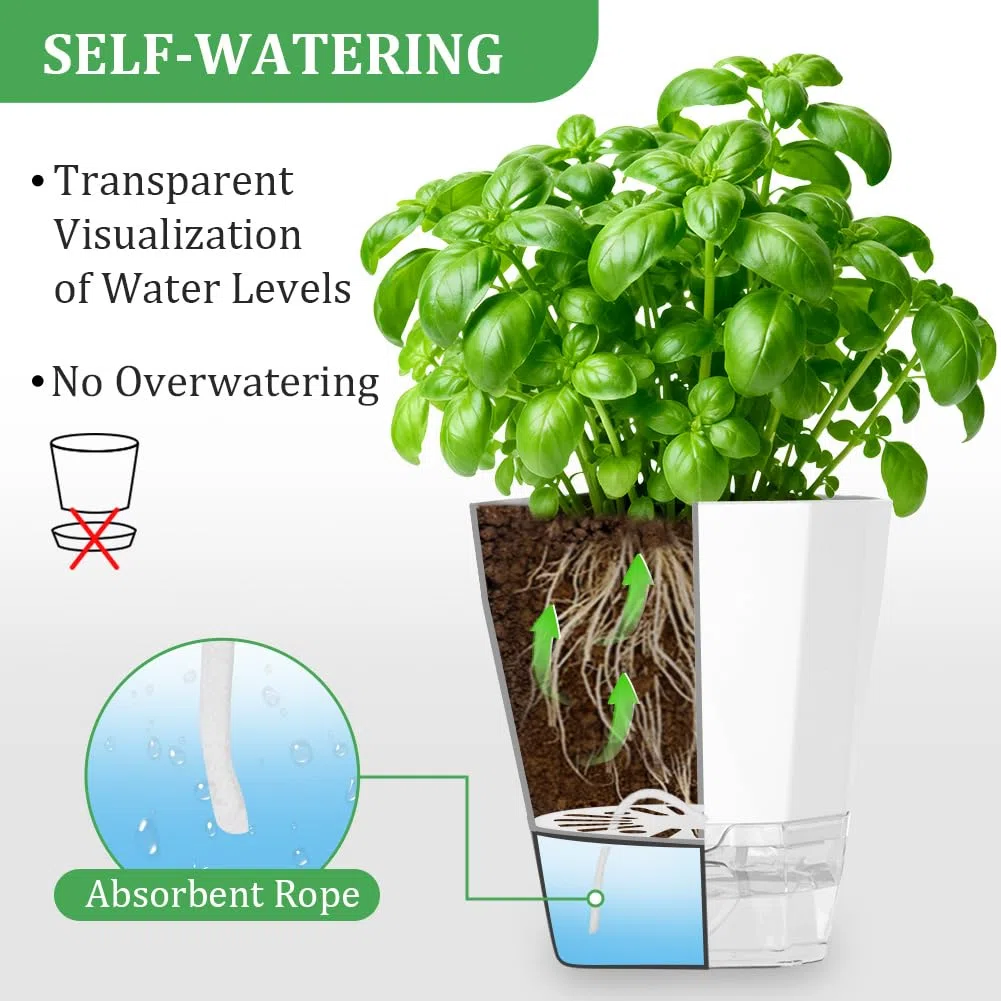 3 Piezas Maceta de Riego Automático, 18CM Macetas de Plástico para Plantas de Interior, Redonda, con Orificios de Drenaje y Bandeja, Maceta de Agua Autorriego para Interiores, Blanco/M